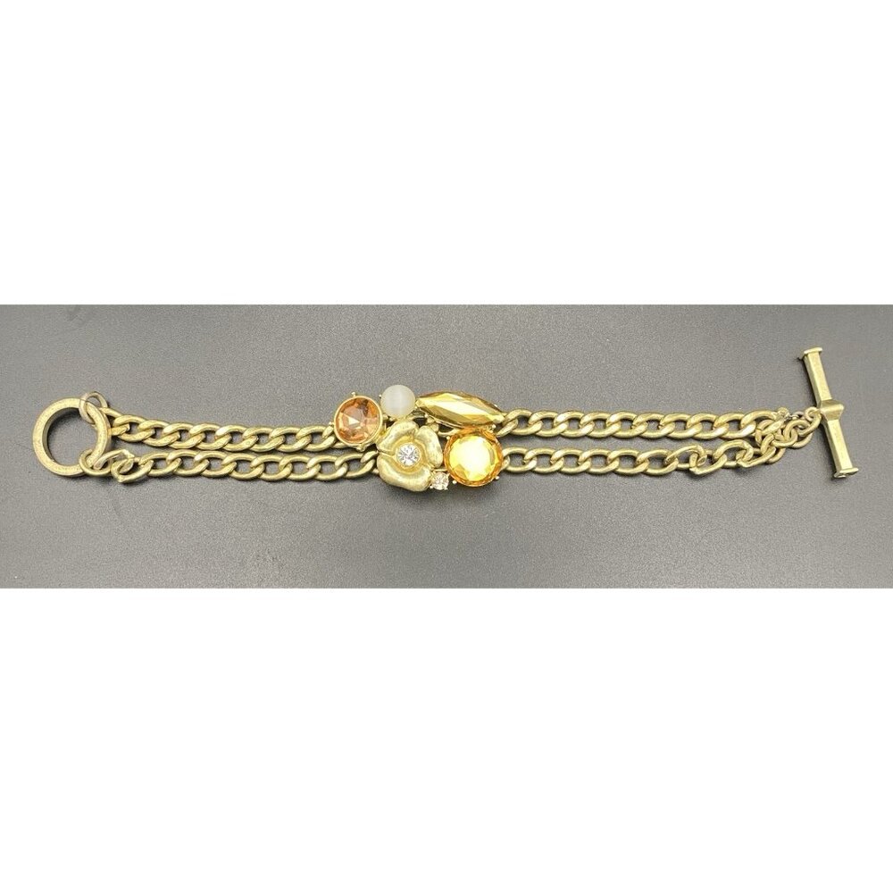Chicos Gold Tone Chain Bracelet Toggle Clasp Cats Eye Glass Crystal Floral Fall - Picture 3 of 10